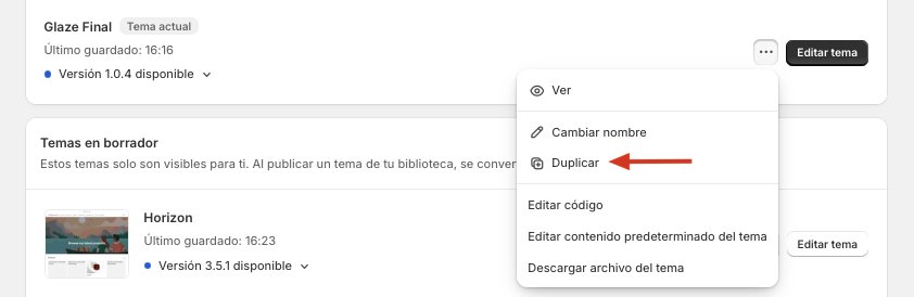 Duplicar el tema actual en Shopify desde el menú de tres puntos